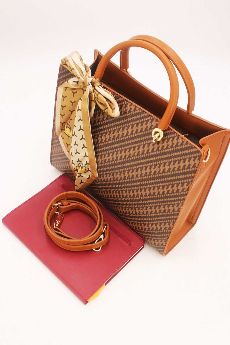 Tom et Eva Sac Cabas Femme Vintage avec bandeau de soie Marron 29*10*24 cm