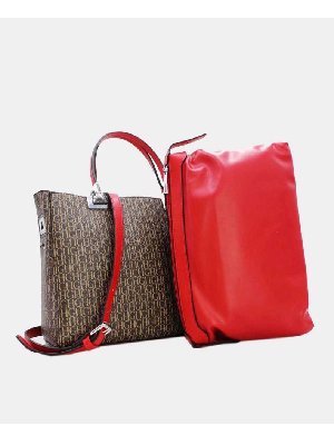 Tom et Eva Sac à main effet cuir monogramme avec bandoulière Coffee/Red 30 x 14 x 23 cm