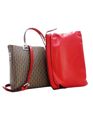 Tom et Eva Sac à main effet cuir monogramme avec bandoulière Coffee/Red 30 x 14 x 23 cm
