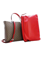 Tom et Eva Sac à main effet cuir monogramme avec bandoulière Coffee/Red 30 x 14 x 23 cm